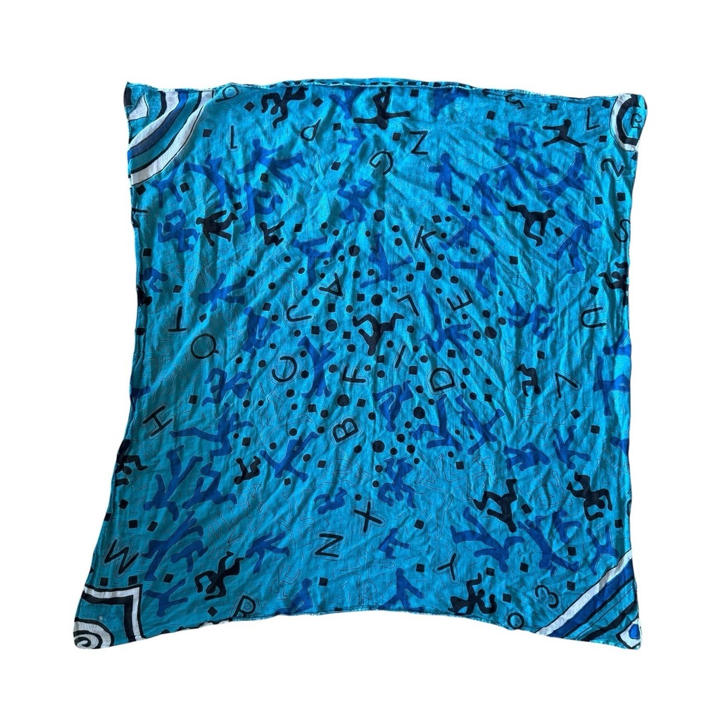Keith Haring-style dancing figures and alphabet letter pattern Scarf Blue Art